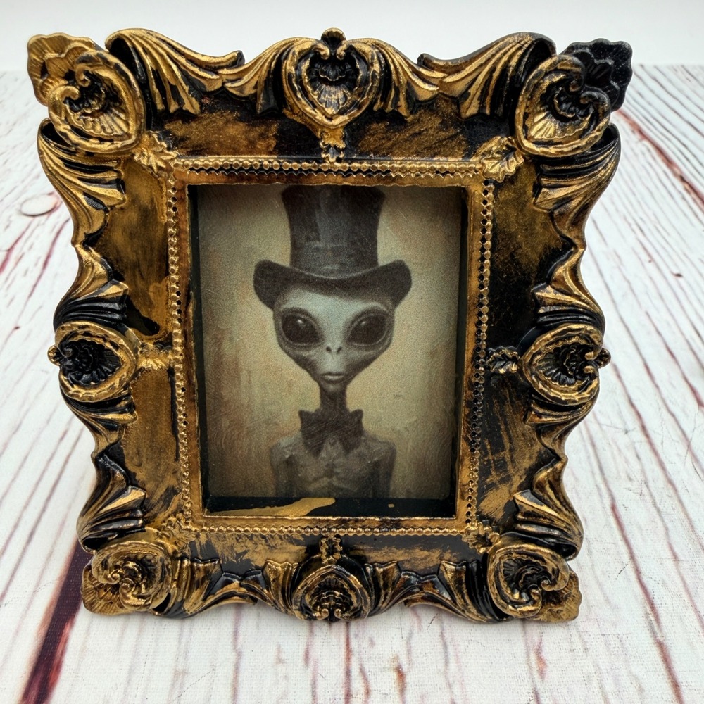 Handmade Dapper Alien Art Print Decoupaged in Ornate Gold Resin Frame